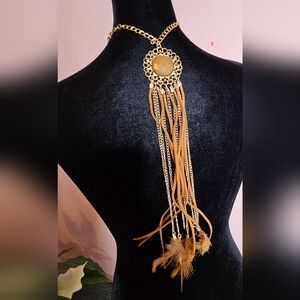 New! Suede and Feathers Brown Necklace with Golden Hardware